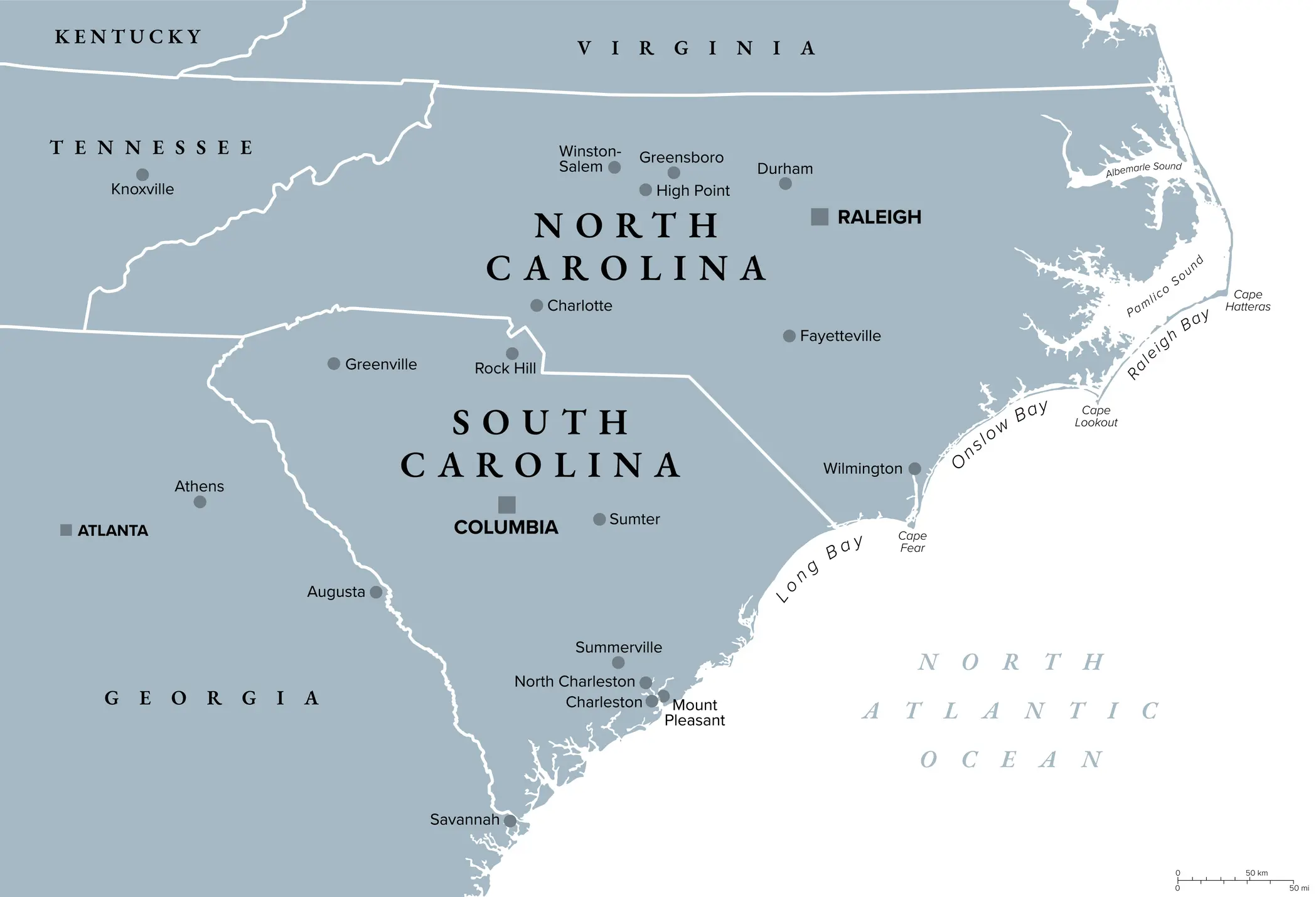 The Carolinas or simply Carolina, U.S. states North and South Carolina, gray political map, with borders and capitals Raleigh and Columbia. Bordered by Virginia, Tennessee, Georgia, and the Atlantic.
